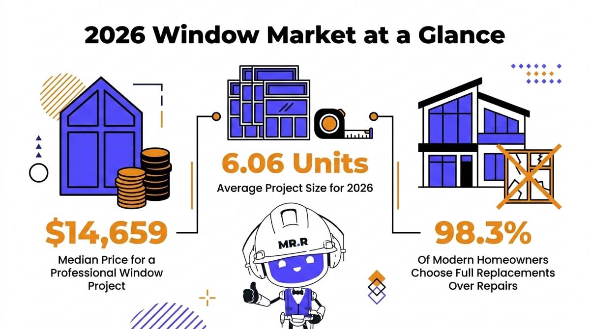 A 2026 window pricing infographic comparing the $14,659 median project cost to custom historic outliers and budget-tier red flags.